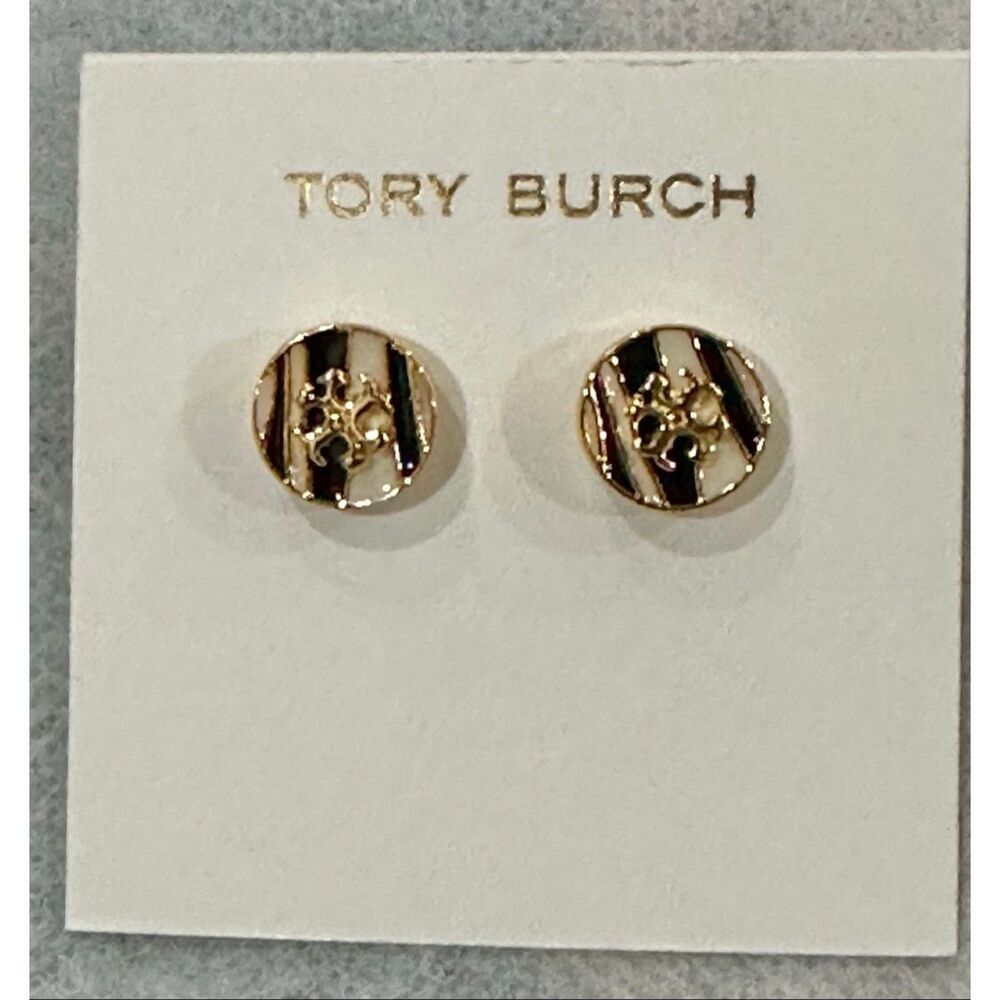 Tory Burch NEW earrings - Kira Enamel Circle-Stud Earrings - Gold Zebra - Picture 6 of 12